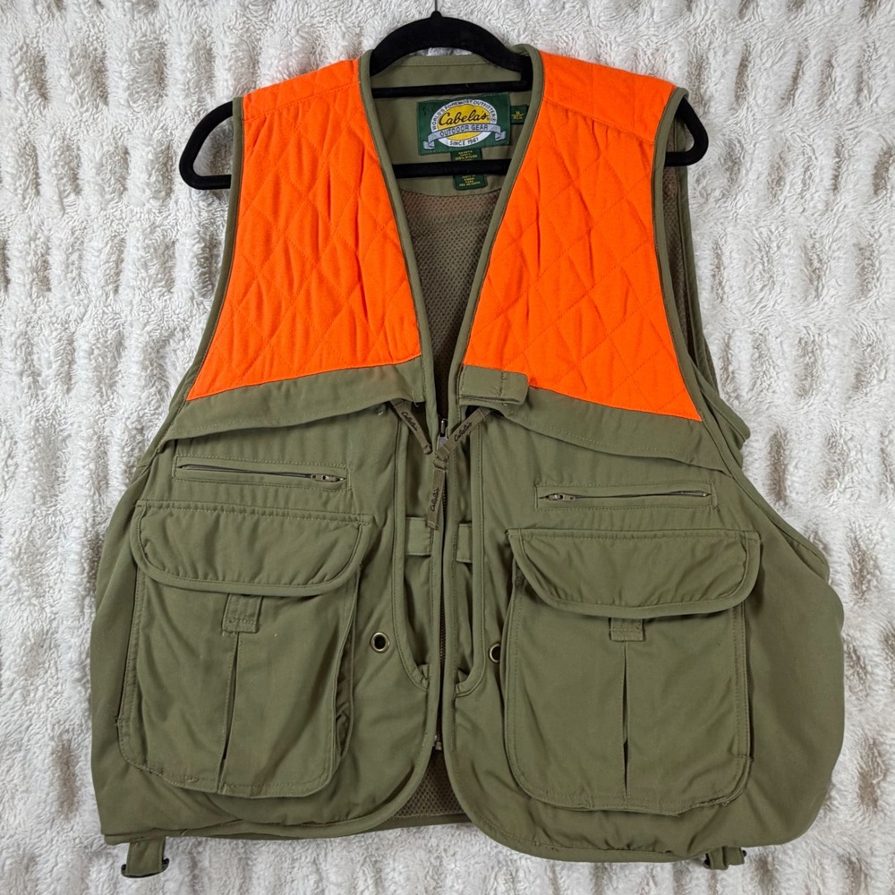 Cabelas Mens Blaze Orange Hunting Vest Olive Green Utility Game Bag Medium REG